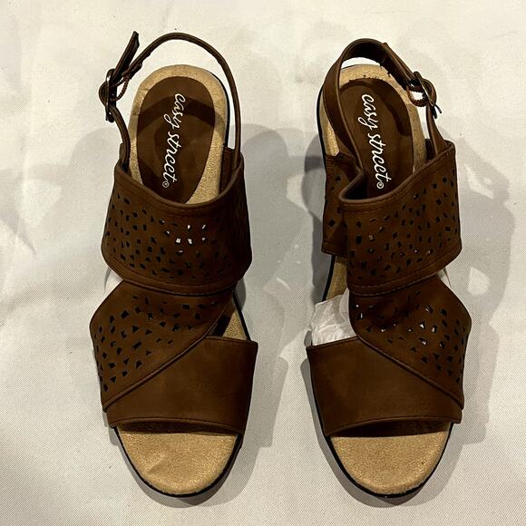 Easy Street Perforated Block Heeled Sandals Charleigh Dark Tan 7M - Picture 7 of 9